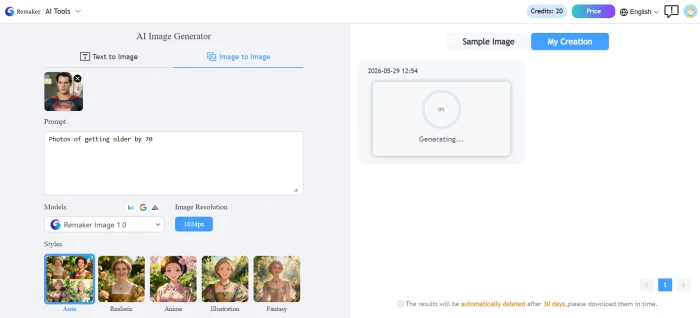 Remaker AI old photo restoration tool interface with upload field and effect options