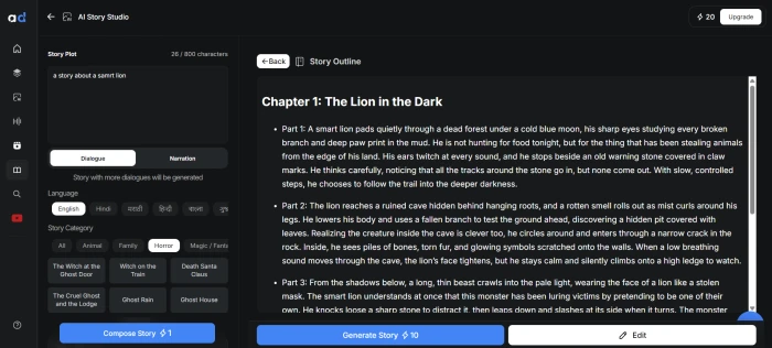 AutoDraft AI Story Writer showing generated story outline with scenes and Generate Story button