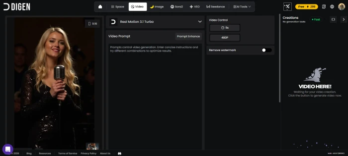 DiGen AI video creation dashboard with the Mars astronaut image loaded and motion prompt entered