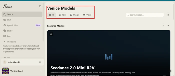 Venice AI model selection interface exposing all text image and video models available for user selection across generation types with model capability differentiation
