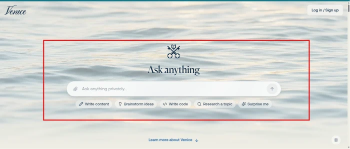 Venice AI homepage exposing central search bar with multi-tool options including write content brainstorm ideas write code research a topic and surprise me plus login and signup access in top right corner