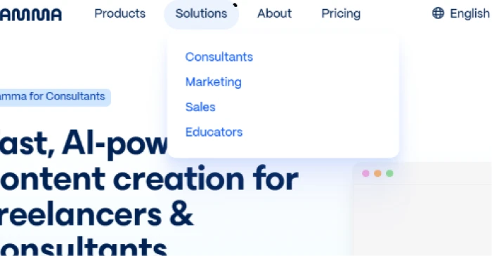 Gamma.app Solutions menu exposing dedicated experiences for Consultants Marketing Sales and Educators with industry relevant templates AI assisted content generation and customized workflows