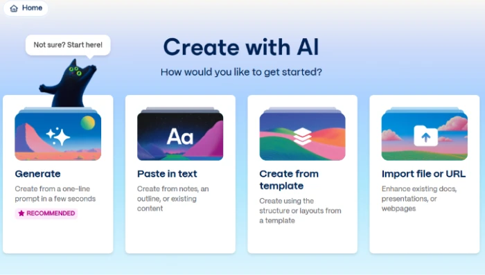 Gamma.app multiple content creation entry points exposing text prompt generation notes transformation customizable templates and document URL import for AI assisted enhancement across content types