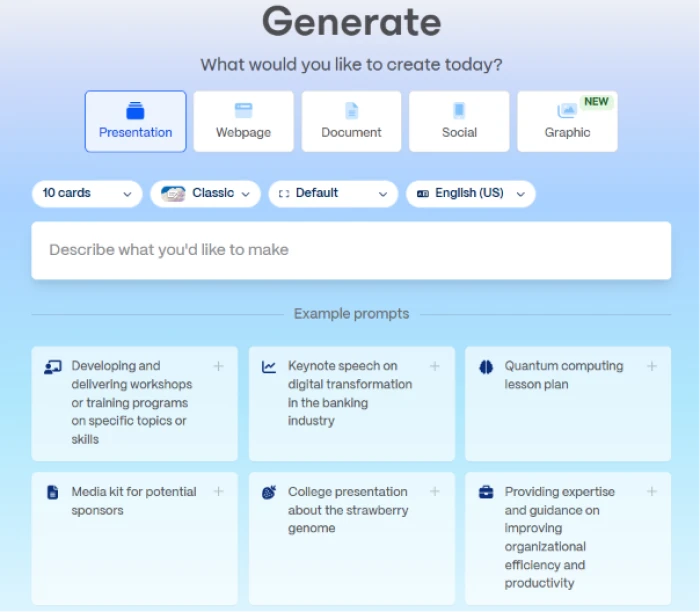Gamma.app prompt based generation interface exposing content description input with output type selection presentation webpage document social media post or graphic plus customization for design style content length and language