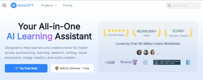 NoteGPT AI homepage exposing All-in-One AI Learning Assistant positioning with 80 million plus users adoption 12000 plus schools and teams social proof 5 star Chrome Store rating clean modern design plus Try Free Now and Add to Chrome free calls to action