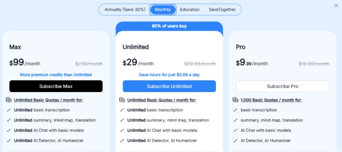 NoteGPT AI pricing page exposing flexible subscription options for individuals students and teams with Monthly Annual Education and SaveTogether plans covering Pro Unlimited and Max tier structure with annual billing discounts up to 30 percent and free Education plan plus group SaveTogether cost sharing option