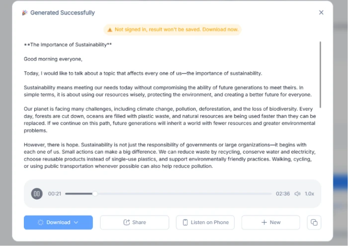 NoteGPT AI Text to Speech feature exposing generated audio version of script titled The Importance of Sustainability with built in audio player playback controls download share listen on phone and create new recording options plus preserved formatting from original text input