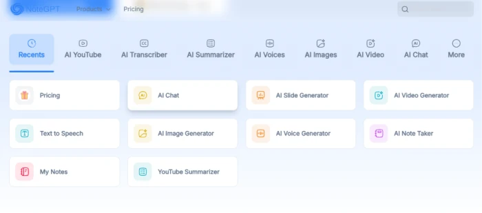 NoteGPT AI dashboard central hub exposing seven core AI tool categories AI YouTube AI Transcriber AI Summarizer AI Voices AI Images AI Video and AI Chat plus nine quick access recently used cards including AI Chat AI Slide Generator AI Video Generator Text-to-Speech AI Image Generator AI Voice Generator AI Note Taker YouTube Summarizer and My Notes for efficient multi tool workflow