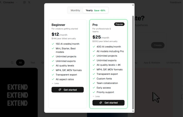 Swishy upgrade modal showing the Beginner plan at $12 a month and the Pro plan at $25 a month with the Yearly toggle selected and feature checklists under each
