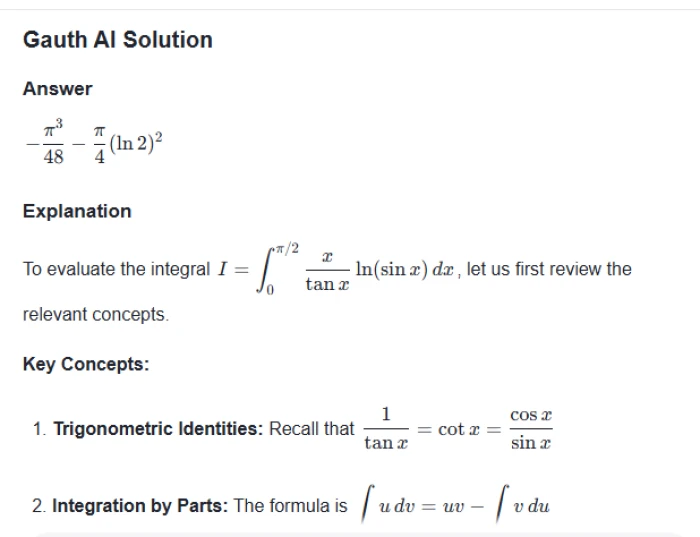 Gauth AI returning a closed-form answer to the integral with a short written explanation