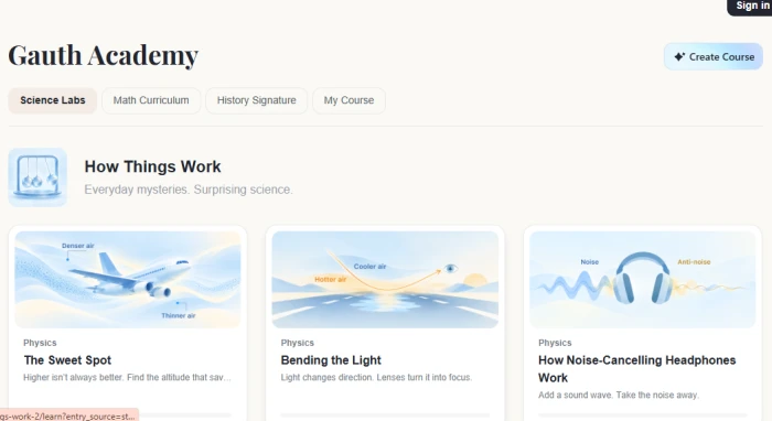 Gauth Academy screen showing science lessons laid out as a grid of visual cards including physics topics