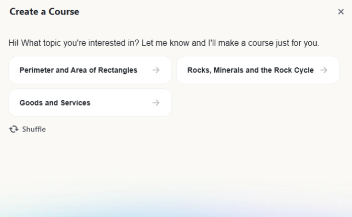 Gauth Create Course screen listing AI-suggested starting topics including rectangles and rocks and minerals