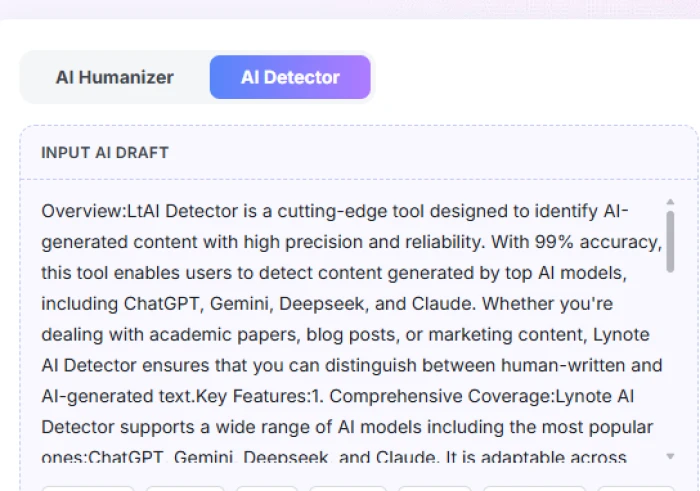Lynote AI Detector tab selected with the Input AI Draft box holding an overview of LtAI Detector describing 99 percent accuracy and support for ChatGPT, Gemini, Deepseek and Claude