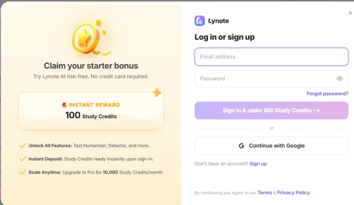 Lynote log in or sign up modal offering 100 study credits as an instant reward with no credit card required, email and password fields and a Continue with Google button