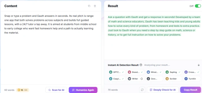 Lynote AI Humanizer with the 60-word Gauth description on the left and a 70-word green-highlighted rewrite on the right, Diff toggle on, and an Instant AI Detection Result panel listing GPTZero, Copyleaks, Turnitin and other detectors