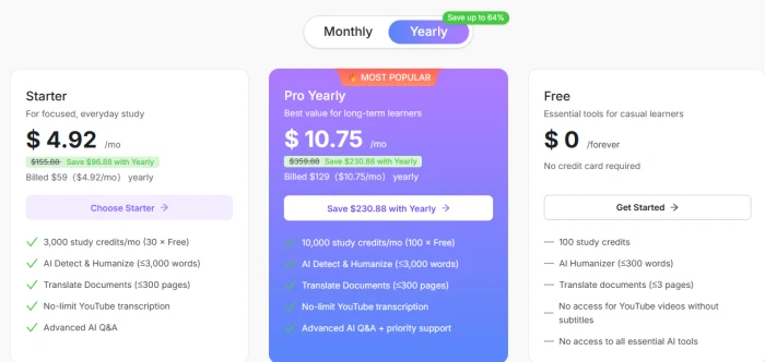 Lynote plan screen with yearly billing selected showing Starter at 4.92 dollars a month, Pro Yearly at 10.75 dollars a month marked most popular, and a free plan at 0 dollars forever