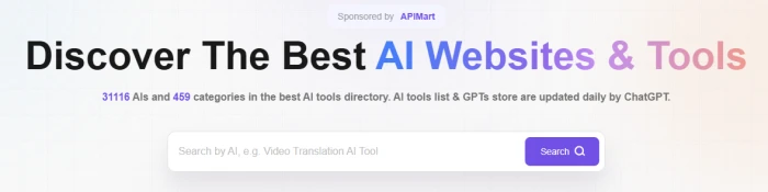 Toolify homepage hero reading Discover The Best AI Websites and Tools, with a line stating 31116 AIs and 459 categories updated daily by ChatGPT, a search box with a purple Search button, and a Sponsored by APIMart label above the headline