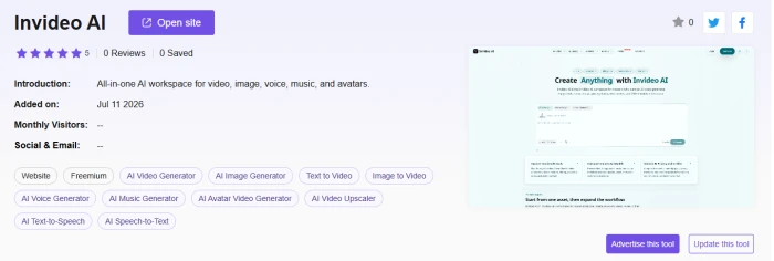 Toolify listing for Invideo AI showing five filled stars beside 0 Reviews and 0 Saved, an Added on date of Jul 11 2026, Monthly Visitors shown as two dashes, a Freemium label, twelve category tags, and Advertise this tool and Update this tool buttons