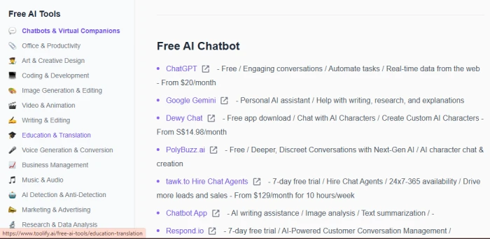 Toolify Free AI Tools page with the Chatbots and Virtual Companions category selected, listing ChatGPT, Google Gemini, Dewy Chat, PolyBuzz.ai, tawk.to Hire Chat Agents, Chatbot App and Respond.io, each with a one-line summary and a starting price
