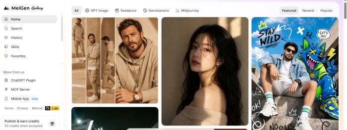 MeiGen gallery home page showing a masonry grid of AI images with a left sidebar listing Home, Search, Skills and Favorites and engine filter tabs across the top