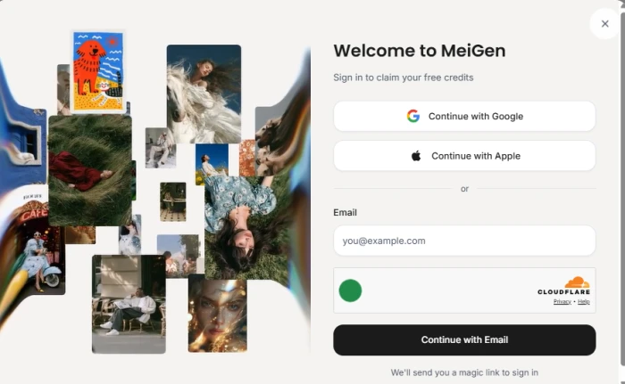 MeiGen sign-in panel offering Continue with Google and Continue with Apple buttons plus an email field behind a Cloudflare verification check