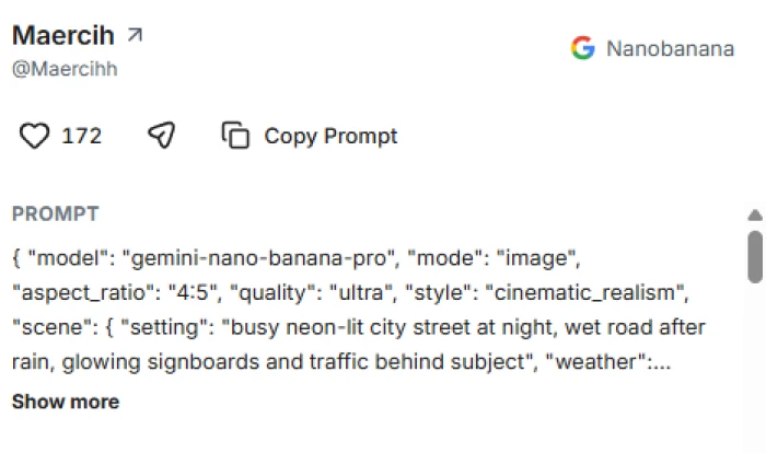 A MeiGen gallery entry by creator Maercih tagged Nanobanana with 172 likes and a Copy Prompt button, showing a structured JSON prompt