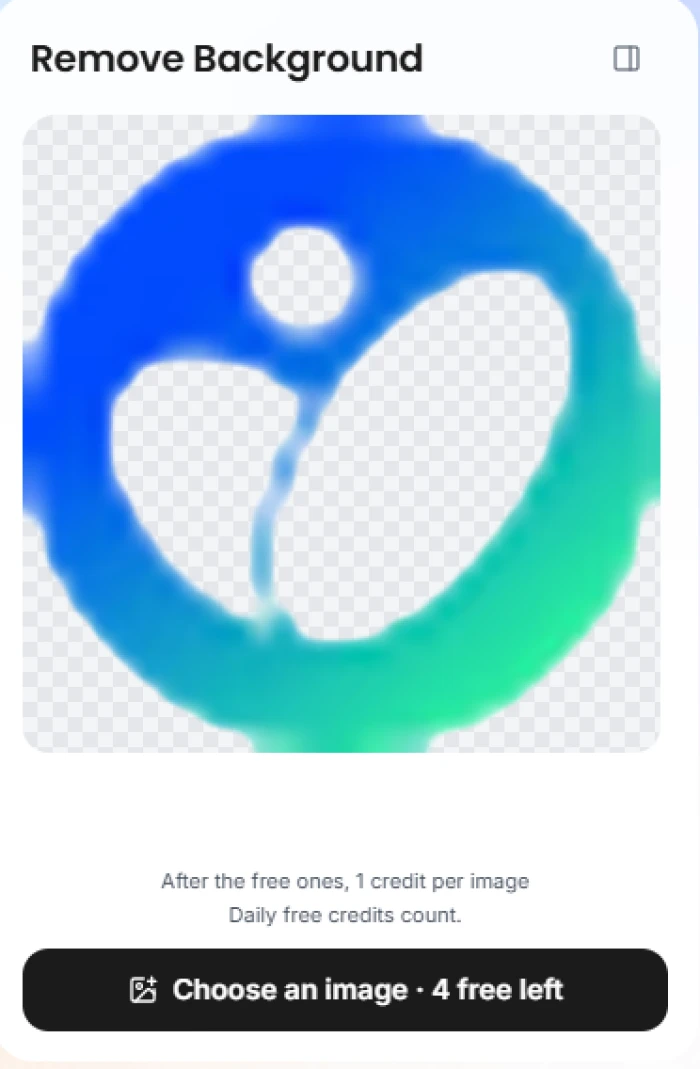 MeiGen Remove Background result showing a logo mark cut out onto a transparent checkerboard, with a button reading Choose an image, 4 free left