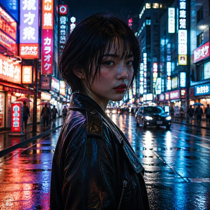 Gening AI generated image showing young woman in neon-lit cyberpunk Tokyo street at night with rain-reflected lights